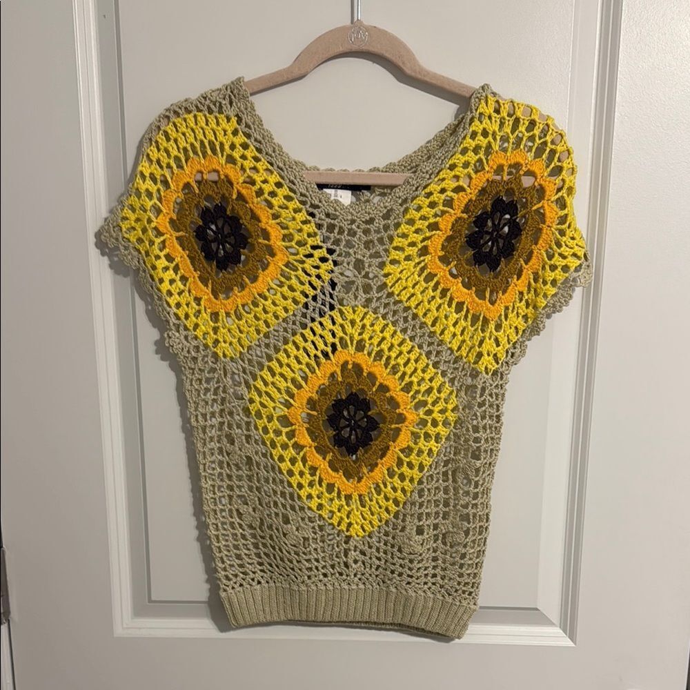 Miss Kelly 1999 Sunflower Crochet Knit Top S/M NWT Boho Sweater